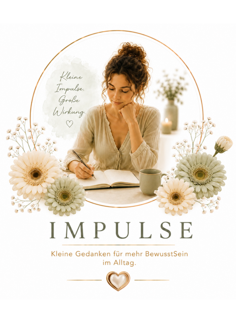 Eine nachdenkliche Frau schreibt in ein Notizbuch, während der Schriftzug „Kleine Impulse. Große Wirkung.“ und „IMPULSE“ Ruhe und Achtsamkeit vermitteln.