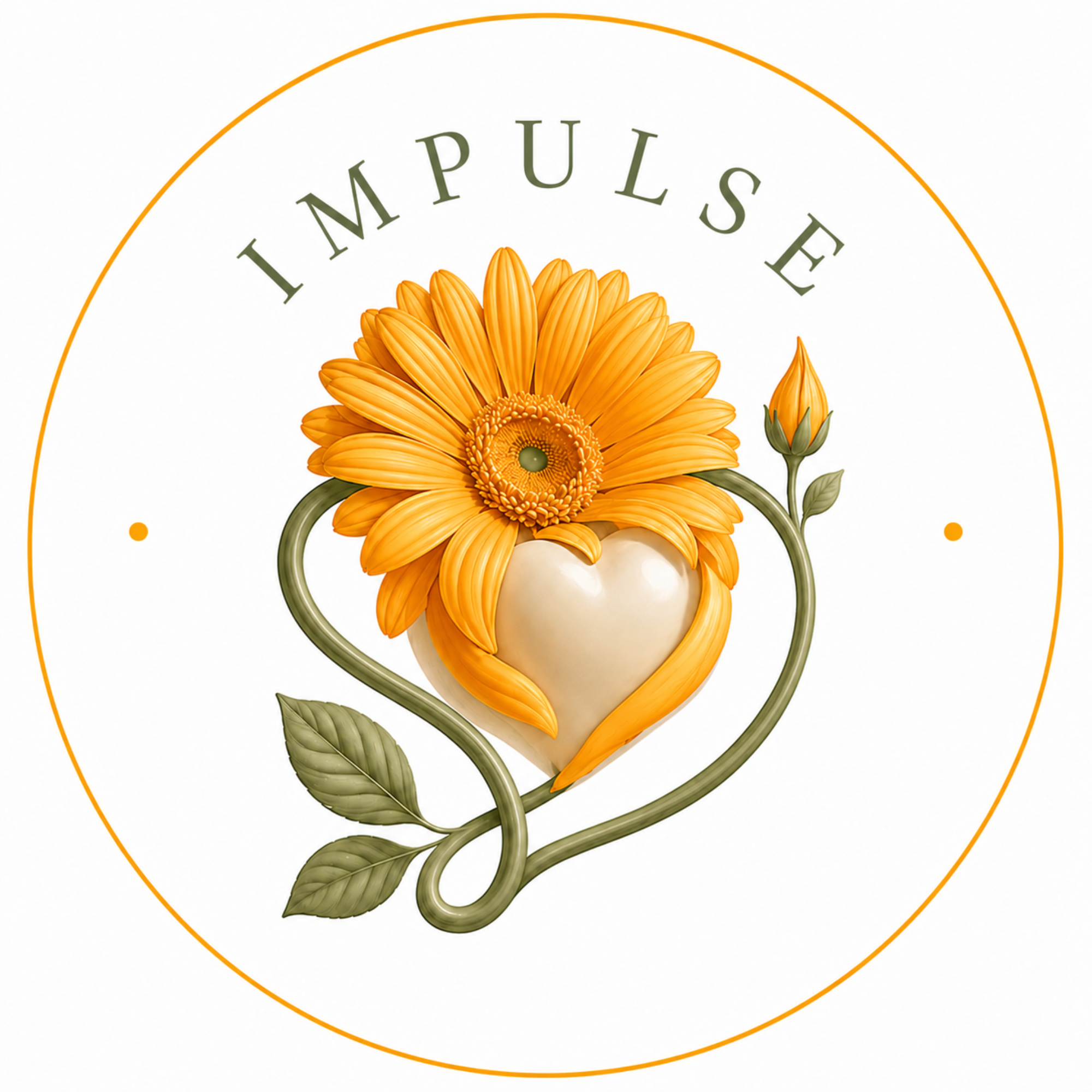 A white circular logo shows the word IMPULSE above an orange gerbera flower growing from a heart-shaped center with olive green stems and leaves.