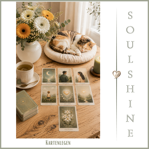 Kartenlegen mit SoulShine: Tarotkarten auf Holztisch, daneben eine schlafende Katze, Blumen, Kerze und Tasse in heller, ruhiger Atmosphäre.