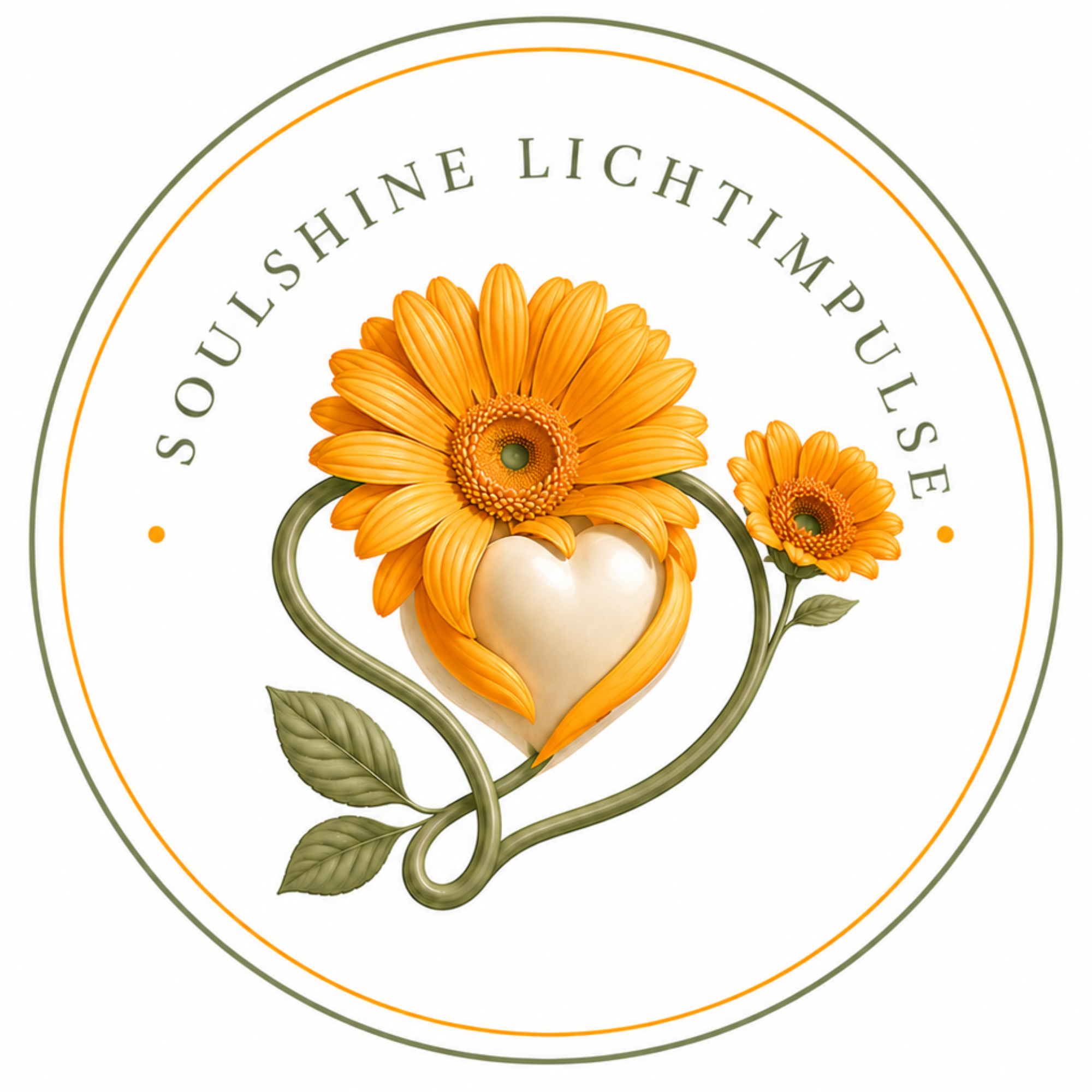 Das SoulShine-Logo zeigt orangefarbene Blüten, ein Herz und die Schrift „SOULSHINE LICHTIMPULSE“ in sanften Grün- und Orangetönen.