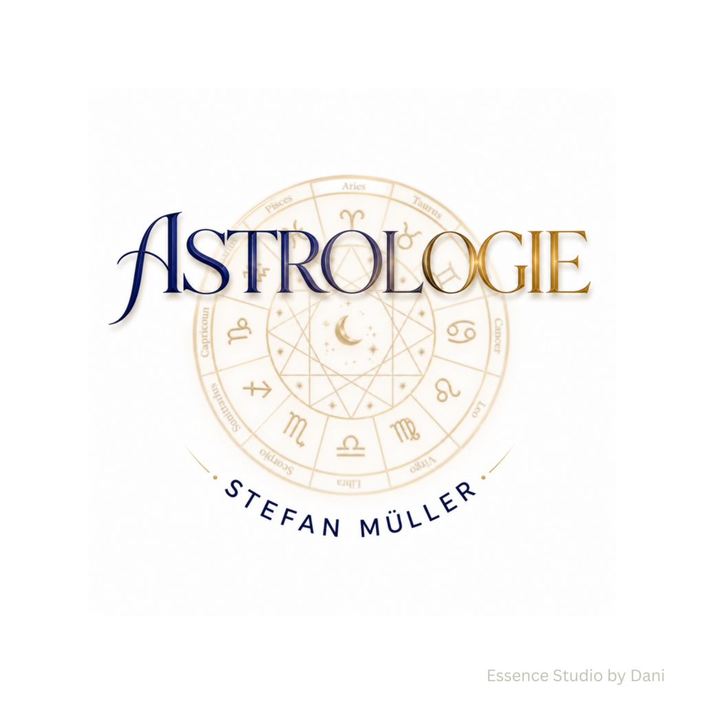 Stilisierte Astrologie-Logo-Grafik mit goldfarbenem Sternzeichenkreis, blauen Lettern und dem Schriftzug „ASTROLOGIE“ im Design-Layout.