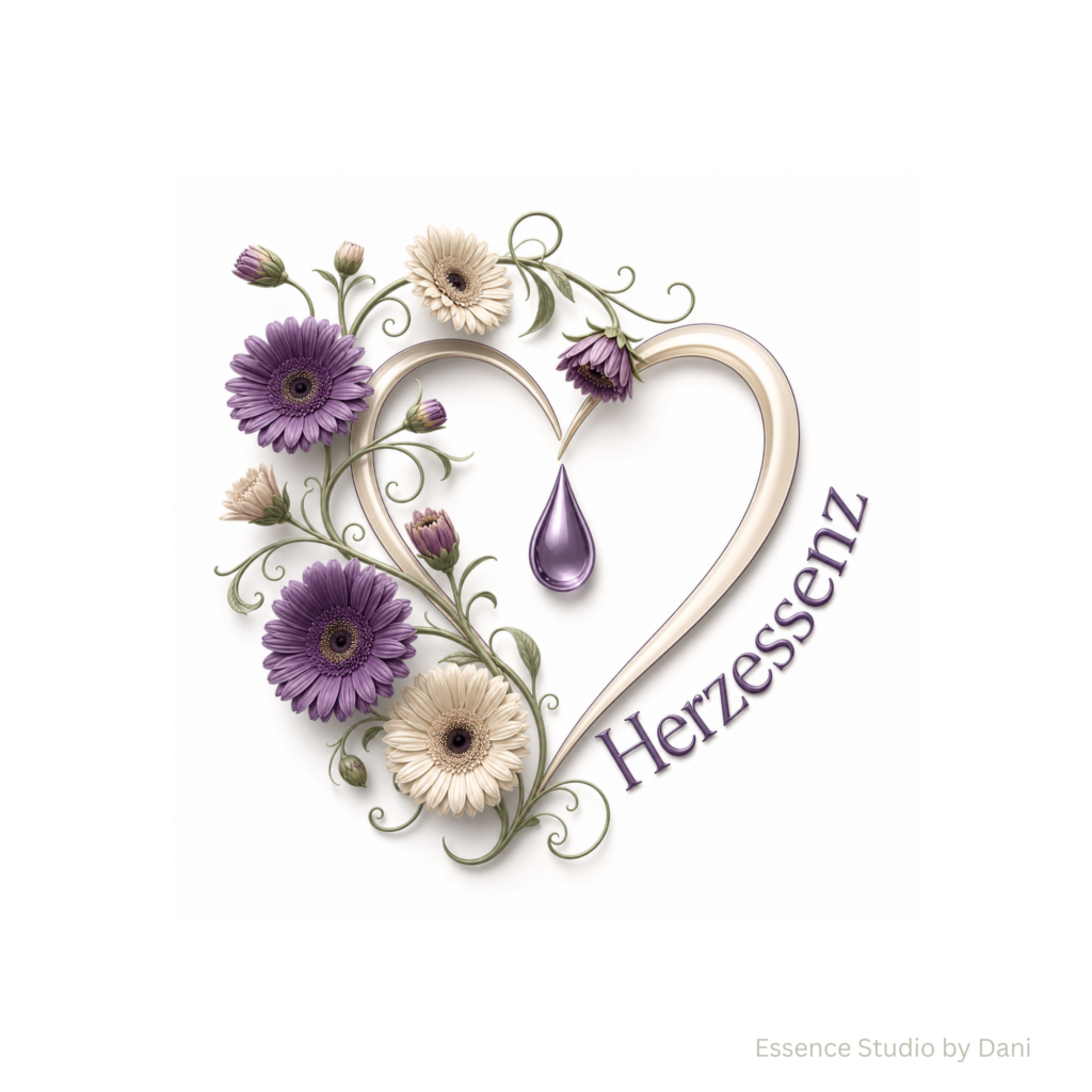 Herzförmiges Logo mit lila und goldfarbenen Blüten, filigranen ranken und dem Wort „Heilung“ in Schriftzug-Optik.