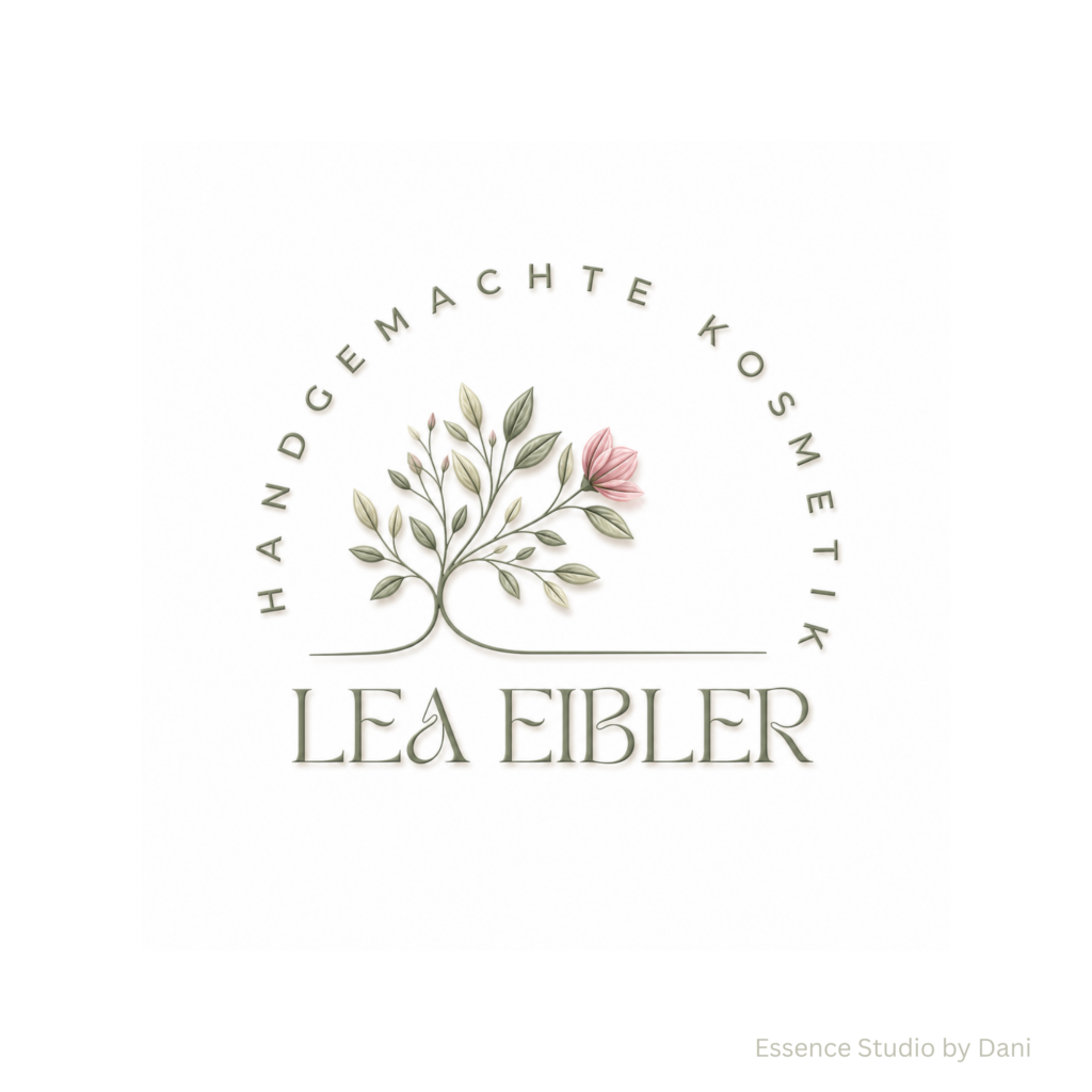 Ein Logo mit Baumzweigen und rosa Blüte vor weißem Hintergrund, umgeben von Buchstaben zu „Essence Studio“ und „Dani“.