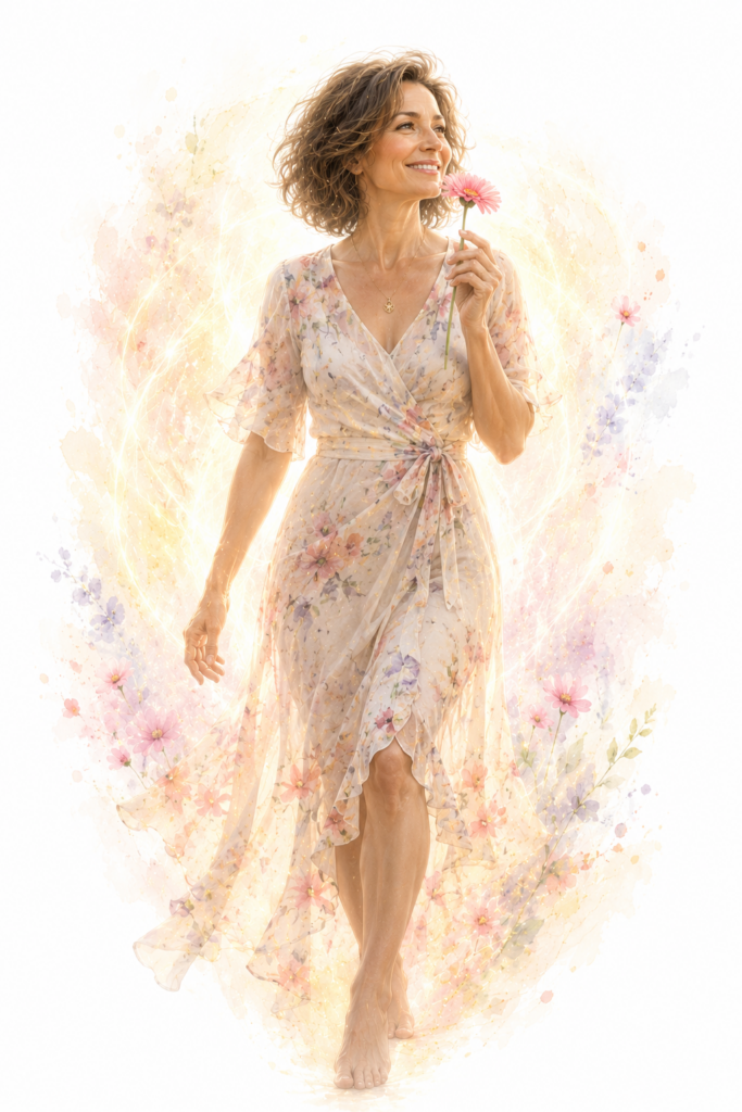 Leuchtende Seelenbild-Gestalt: eine Frau in pastellfarbenem Blumen-Kleid, die mit einer pinken Blume lächelt, umgeben von zarten Lichtpartikeln.