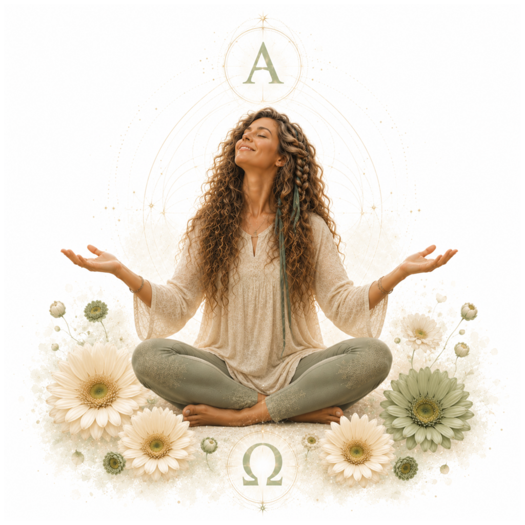 Meditierende in heller Kleidung mit offenen Händen, umgeben von goldenen Mandala-Linien und Blüten, für SoulShine und HeilSein.