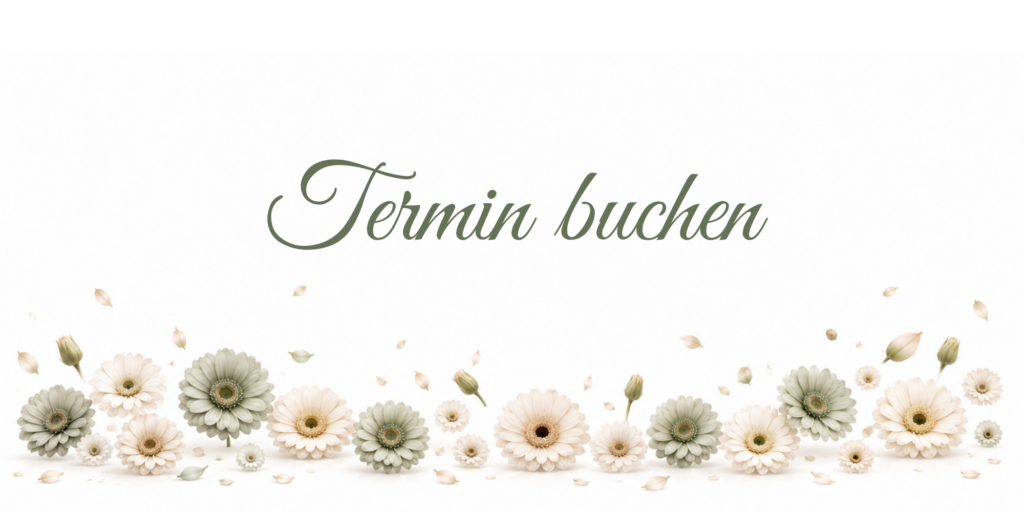 Zartes SoulShine-Design mit der Aufschrift „Termin buchen“ in grüner Schreibschrift über hellen Blumen und schwebenden Blütenblättern.