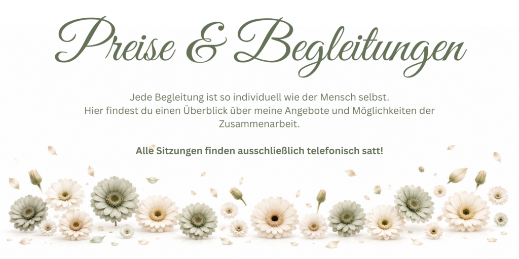 Sanfte Übersichtsseite zu Preisen und Begleitungen mit den Angeboten Kartenlegen und intuitive Begleitung für Klarheit, Orientierung und Austausch.