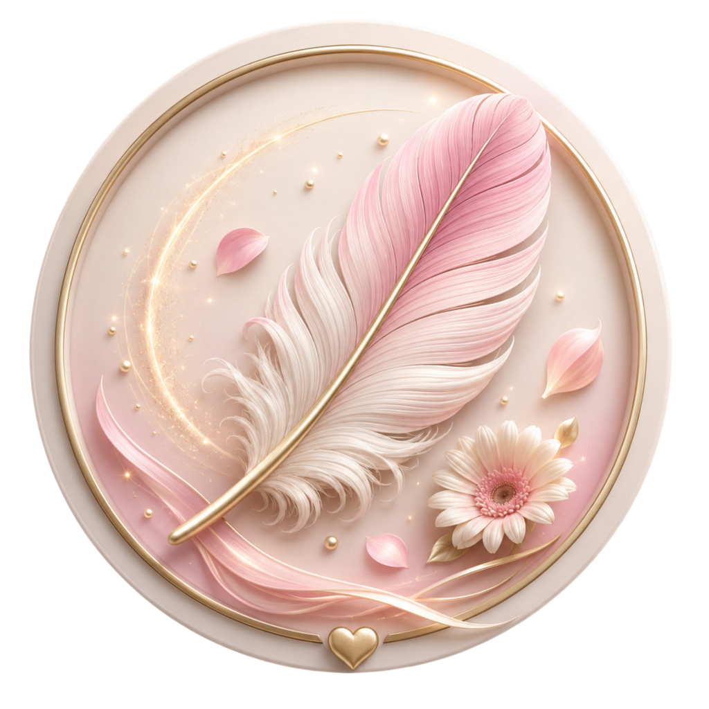 Zarte goldene Feder auf Medaillon mit rosa Blüten, sanften Lichtakzenten und feinen Partikeln als Symbol für mediales Channeling und liebevolle Botschaften.