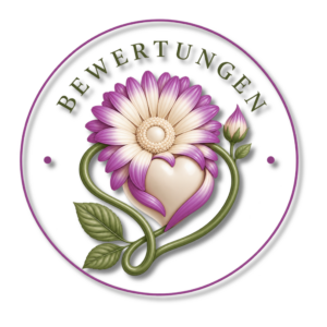 Eine blühende Blume umschließt ein helles Herz; darüber steht in gebogenen Buchstaben „BEWERTUNGEN“ als Zeichen für Heilung.