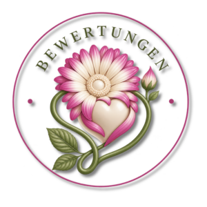 Rosa Blüten umschließen ein helles Herz, begleitet von grünen Ranken und dem Schriftzug „BEWERTUNGEN“ im SoulShine-Design.