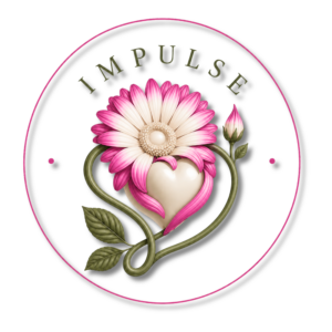 Rosa Blüte umschließt ein helles Herz, umrahmt von grünen Ranken und dem Schriftzug „IMPULSE“ für innere Heilung.