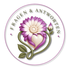 Florales Symbol mit violetten Blüten, goldenem Herzen und dem Schriftzug „FRAGEN & ANTWORTEN“ für ganzheitliche Heilung.