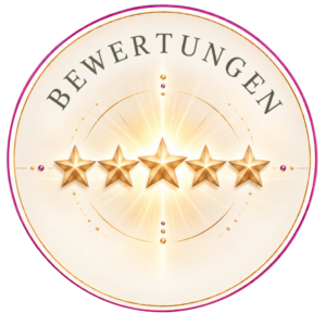 Ein rundes Bewertungssiegel zeigt fünf goldene Sterne und den Schriftzug „BEWERTUNGEN“ als Zeichen positiver Rückmeldungen.