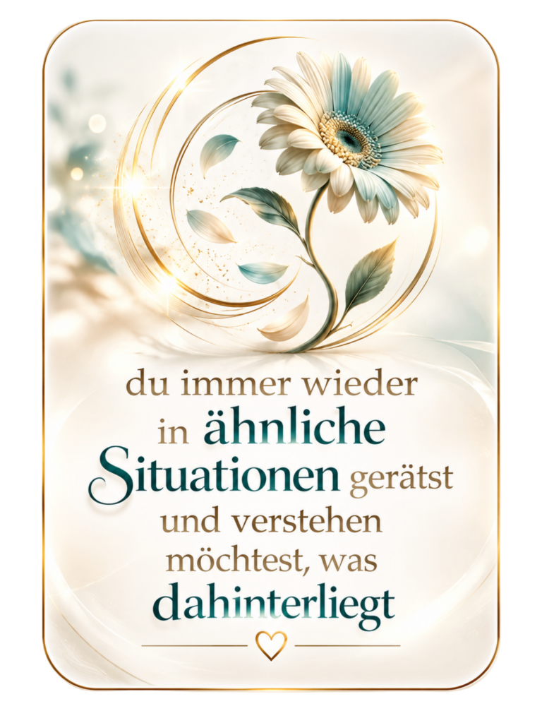 Eine stilisierte Blüte mit geschwungenen Blättern steht über dem Text: „Du immer wieder in ähnliche Situationen gerätst und verstehen möchtest, was dahinterliegt.“