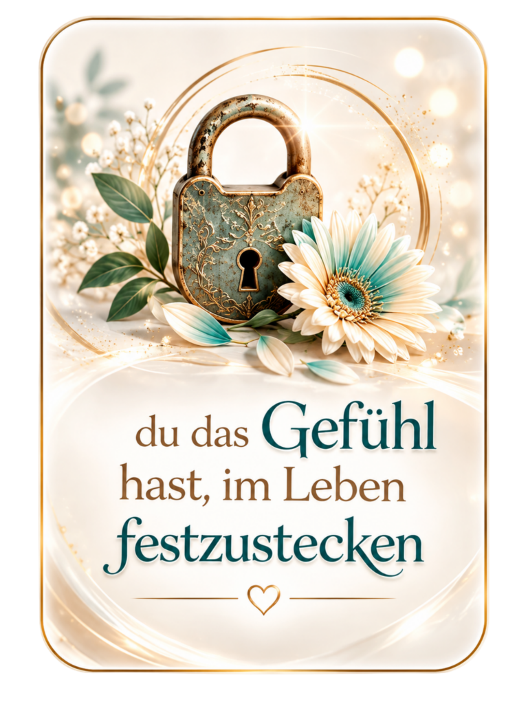 Ein kunstvolles Vorhängeschloss liegt zwischen Blüten und Blättern; der Schriftzug lautet: „du das Gefühl hast, im Leben festzustecken“.