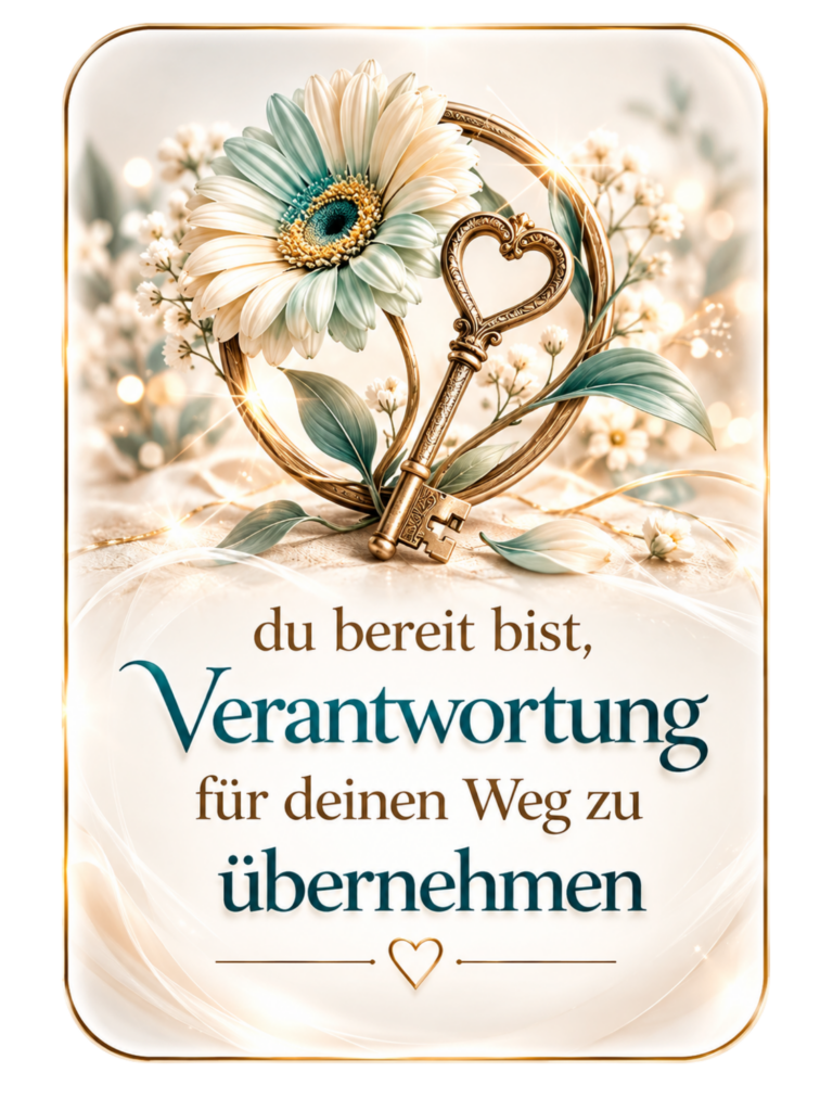 Eine goldene Herzschlüssel und eine cremefarbene Blüte umrahmen den Schriftzug: „du bereit bist, Verantwortung für deinen Weg zu übernehmen“.