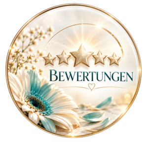 Fünf goldene Sterne und der Schriftzug „Bewertungen“ stehen für Rückmeldungen zur ganzheitlichen HeilSein-Begleitung von SoulShine.