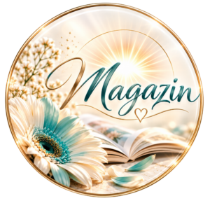 Ein dekoratives Magazin-Emblem zeigt das Wort „Magazin“ über einem offenen Buch und einer großen türkis-weißen Blüte.